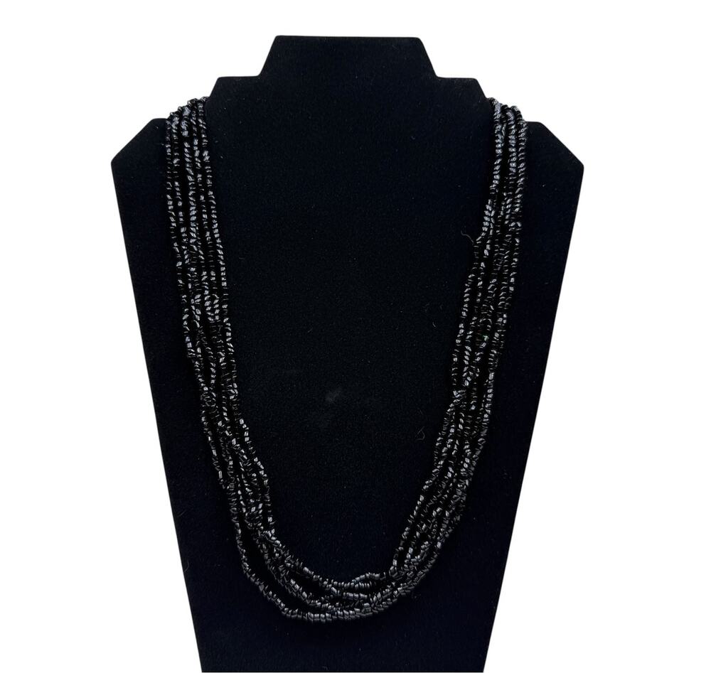 Chic Multi-Strand Black Glass Beaded Statement Necklace Fashion Jewelry 24"